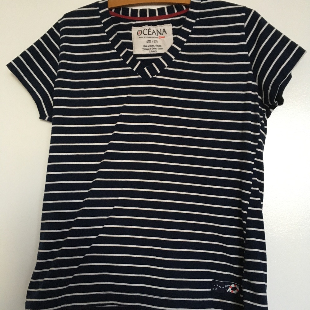 Nautical Short Sleeves T-Shirt, Blue & White Stripes by Oceania ⛵️ 🌊